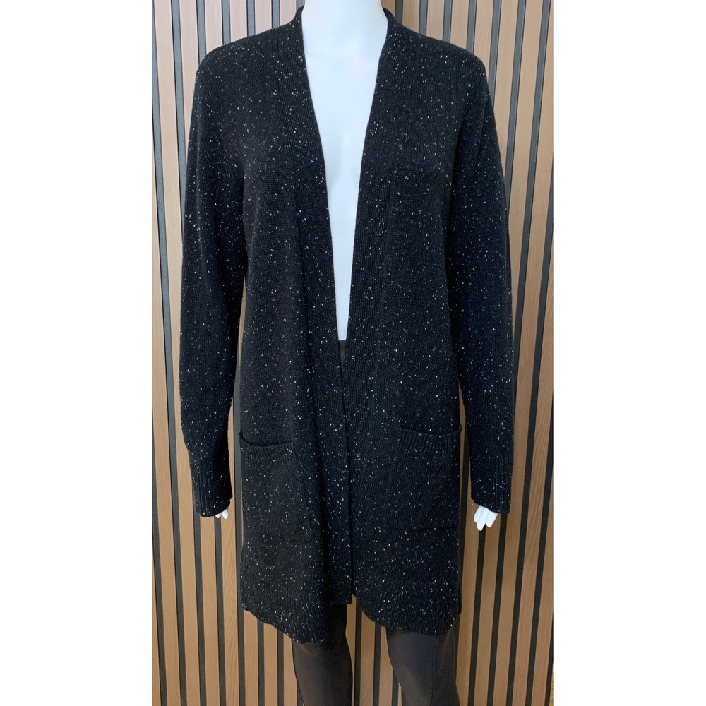 Theory Black Donegal 100% Cashmere Open Front Belted Long Cardigan Sweater L